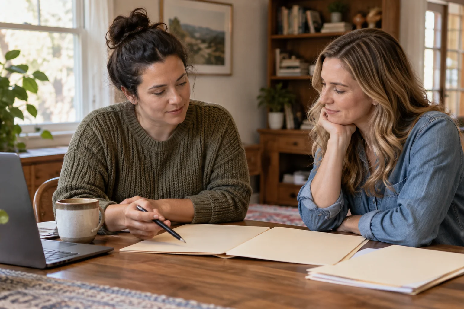 How Women Can Plan For Treatment Costs In CO - inline-2 Illustrative scene: two adult women calmly discussing household planning beside blank folders in a warm home office.
