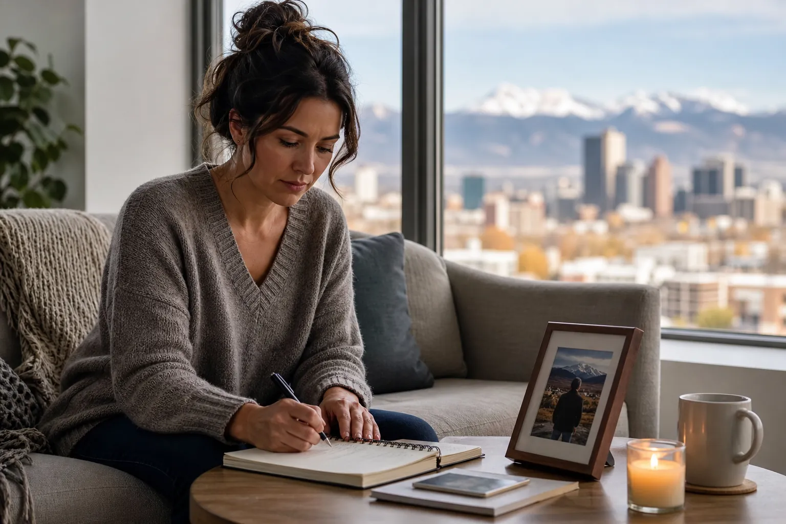 Woman Journaling Beside a Framed Portrait and Candle A woman writes in a notebook beside a framed portrait, lit candle and mug, with a city and snowy mountains outside.