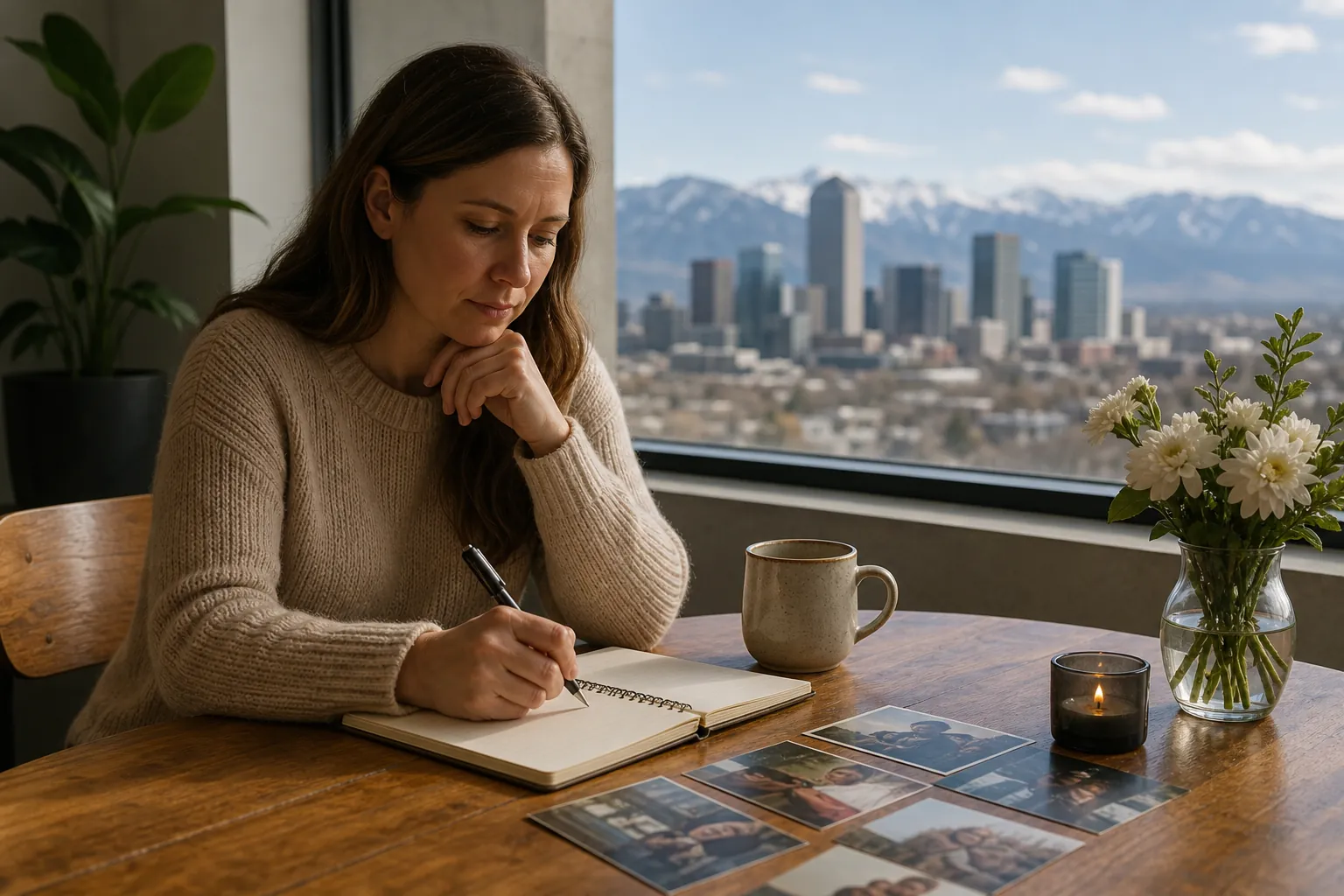 Woman Journaling Beside Photos and a Memorial Candle A woman writes in a notebook beside printed photos, a lit candle and flowers, with Denver's skyline and mountains beyond the window.