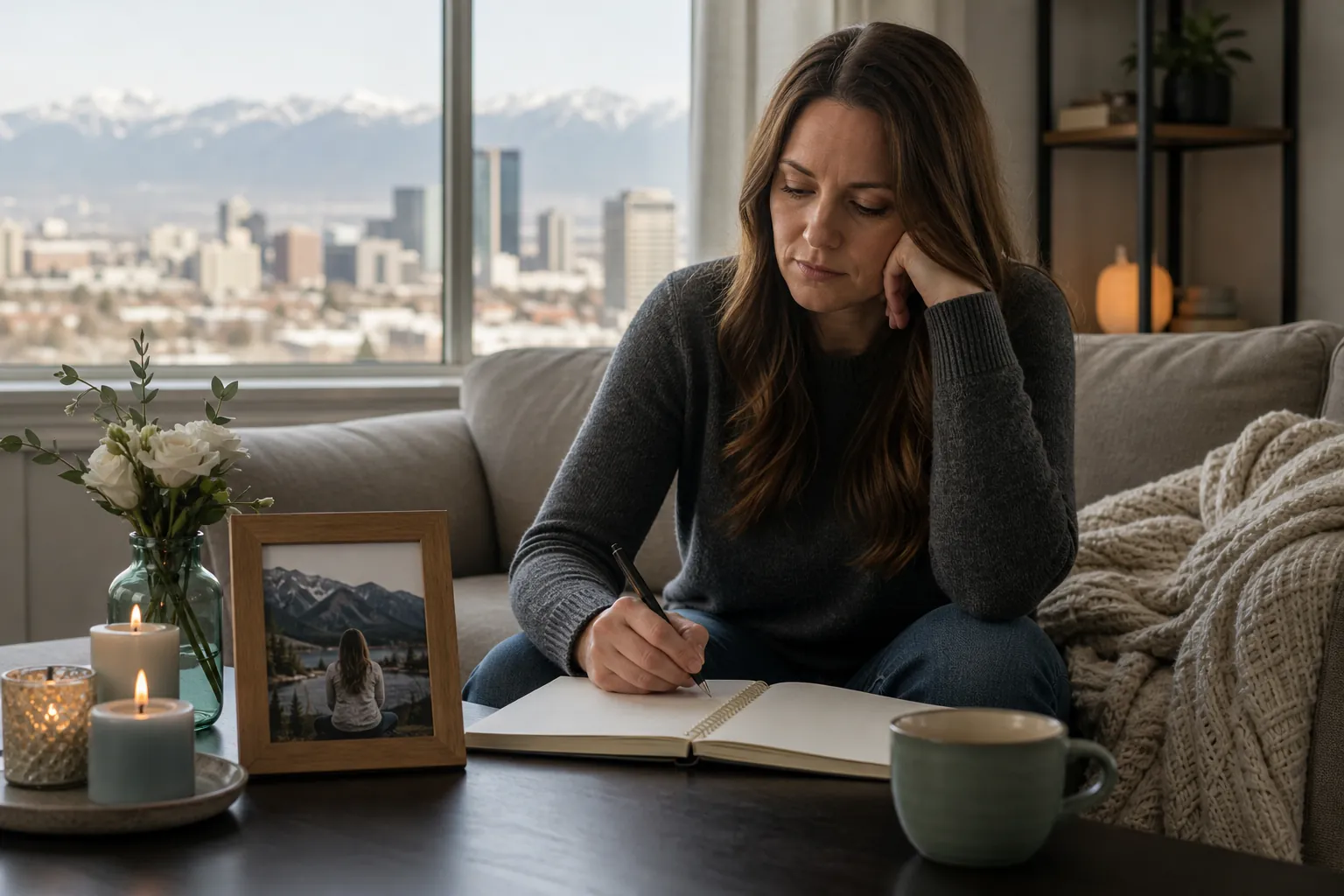 Quiet Reflection With a Notebook and Remembrance Candles A pensive woman writes in a notebook beside lit candles, flowers and a framed portrait, with mountains beyond the window.