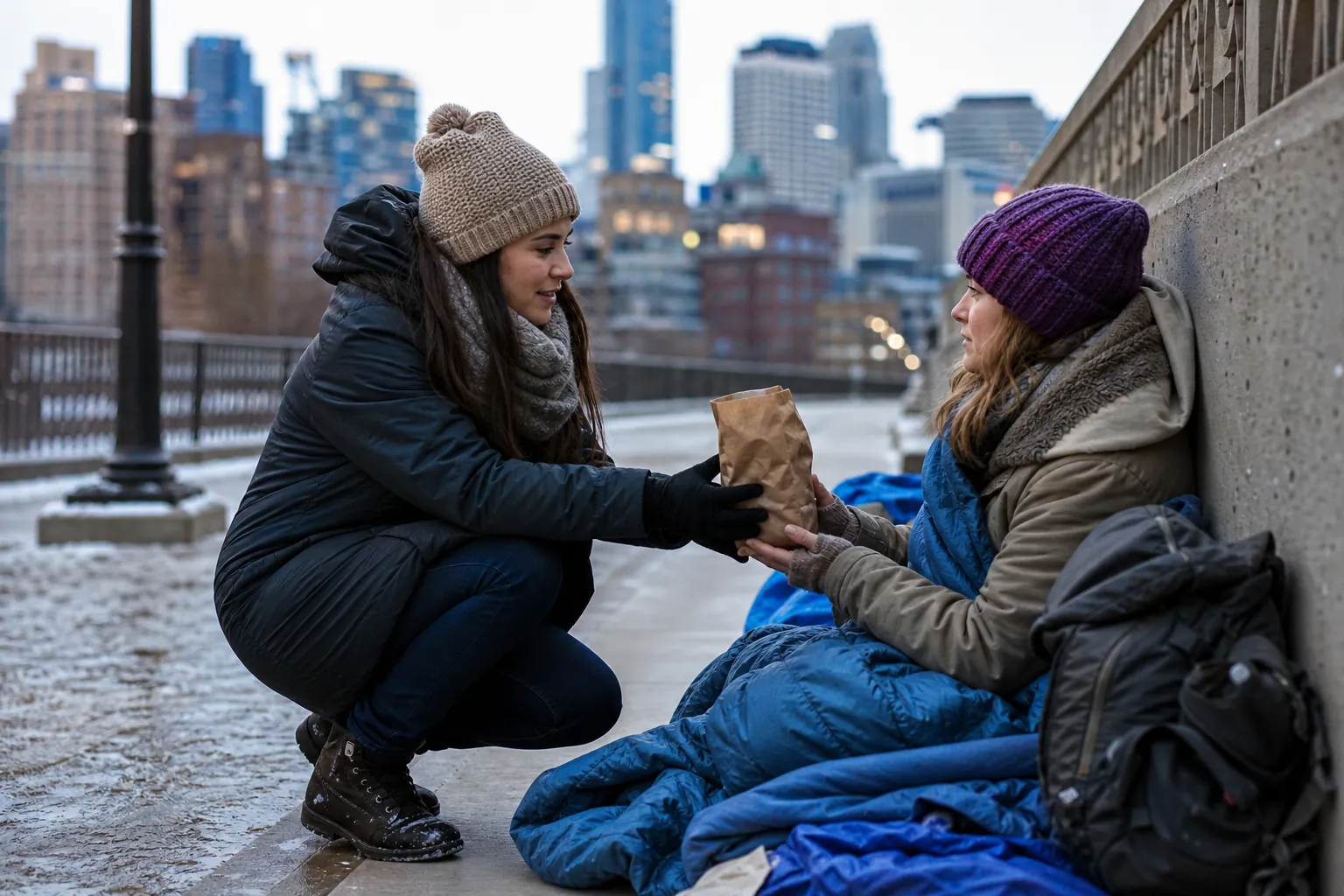 Woman Offering Support on a Snowy City Sidewalk A woman in winter clothing hands a paper bag to a seated woman wrapped in a blue sleeping bag on a snowy city sidewalk.