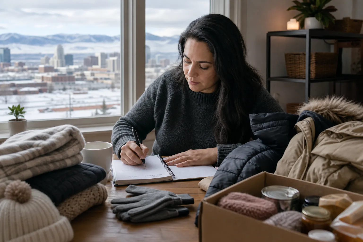 Woman Planning Winter Supplies Beside a Snowy Window A woman writes in a notebook beside winter coats, blankets, gloves and a supply box, with a snowy city outside the window.