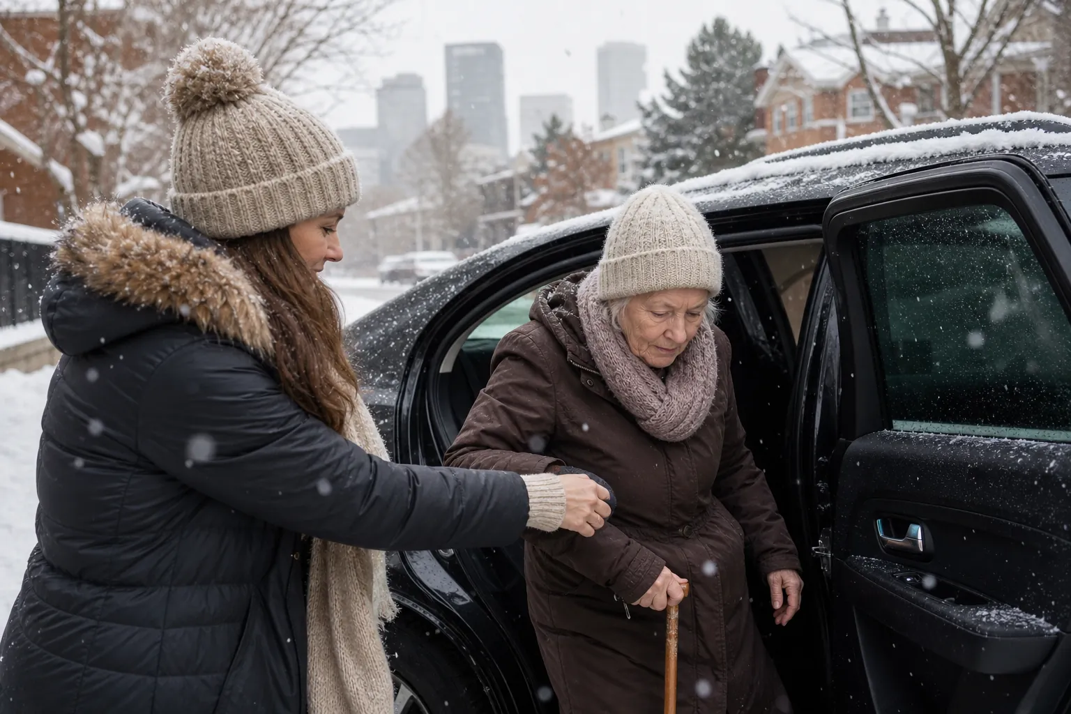 Helping an Older Woman Beside a Car in the Snow A younger woman assists an older woman holding a cane beside an open car door on a snowy residential street.