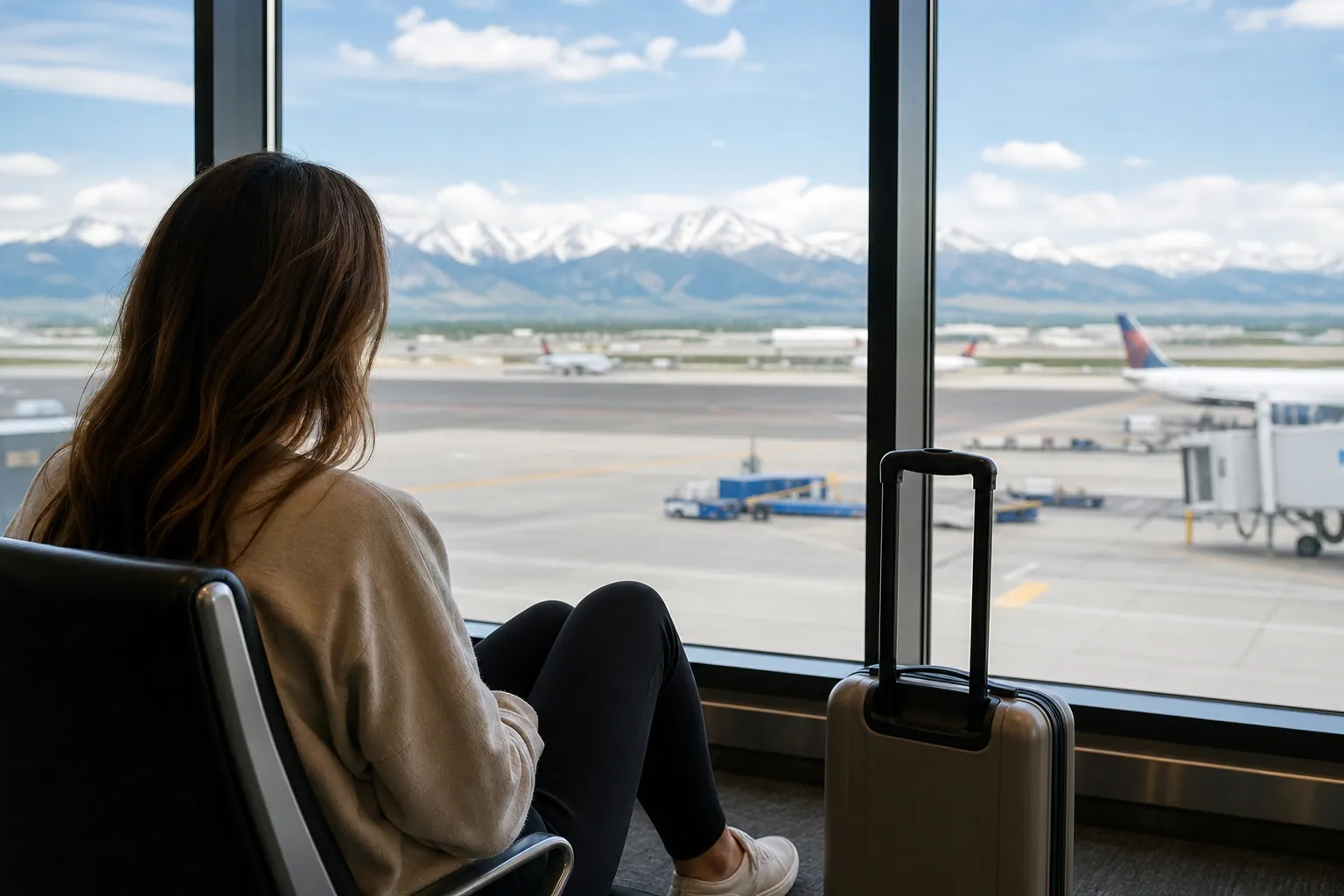 Woman With Suitcase Overlooking Airport Runway A woman sits beside a rolling suitcase at an airport window overlooking airplanes and distant snow-capped mountains.
