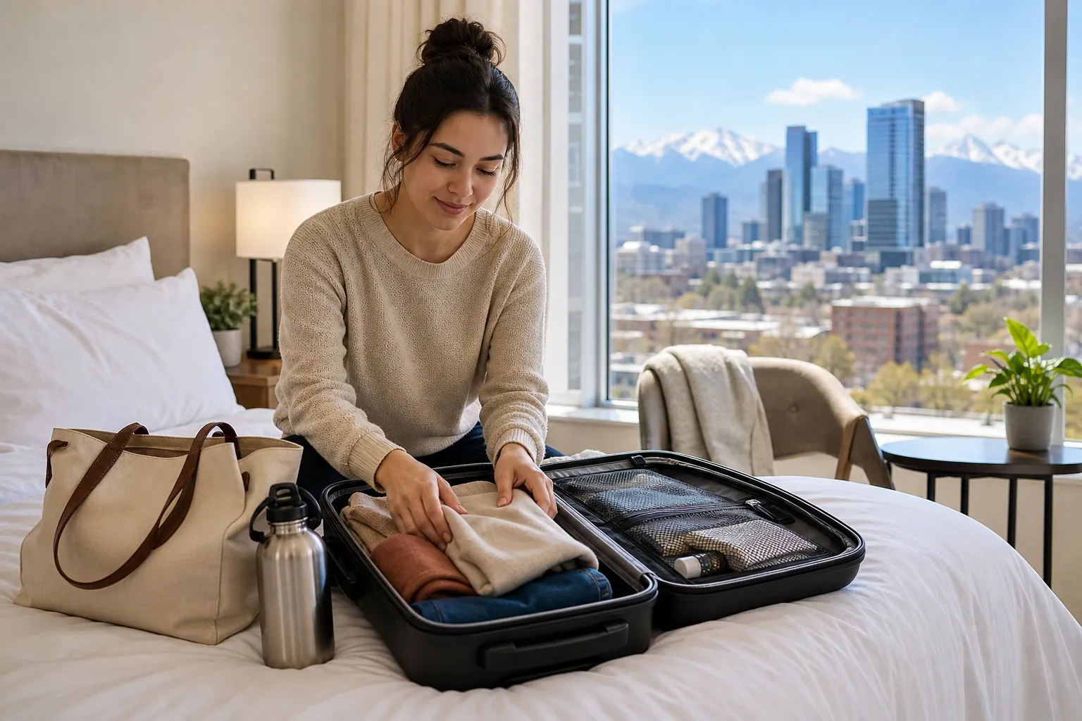 Woman Packing a Suitcase in a City Hotel Room A woman packs clothes into an open suitcase on a hotel bed, with a city skyline and snowy mountains visible through the window.