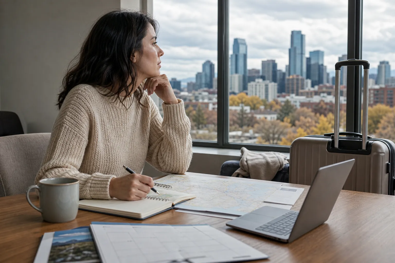 Woman Planning Travel Beside a City View Woman with a pen and notebook sits beside maps, a laptop and a suitcase, looking through a window at a city skyline.
