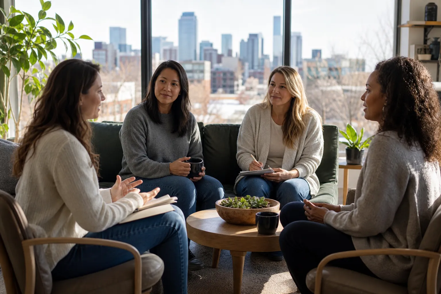 Women Gathering for a Supportive Group Conversation Four women sit in a circle with notebooks and mugs in a bright room overlooking a city skyline.