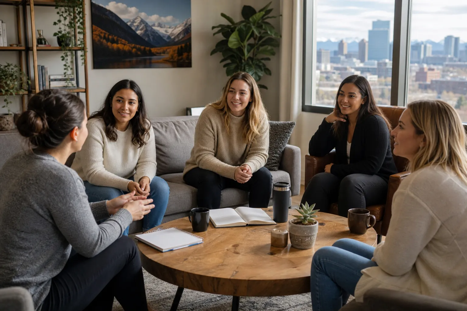 Women Gather for a Support Group Conversation Five women sit in a conversational circle around a wooden table with notebooks and mugs in a bright room overlooking a city.