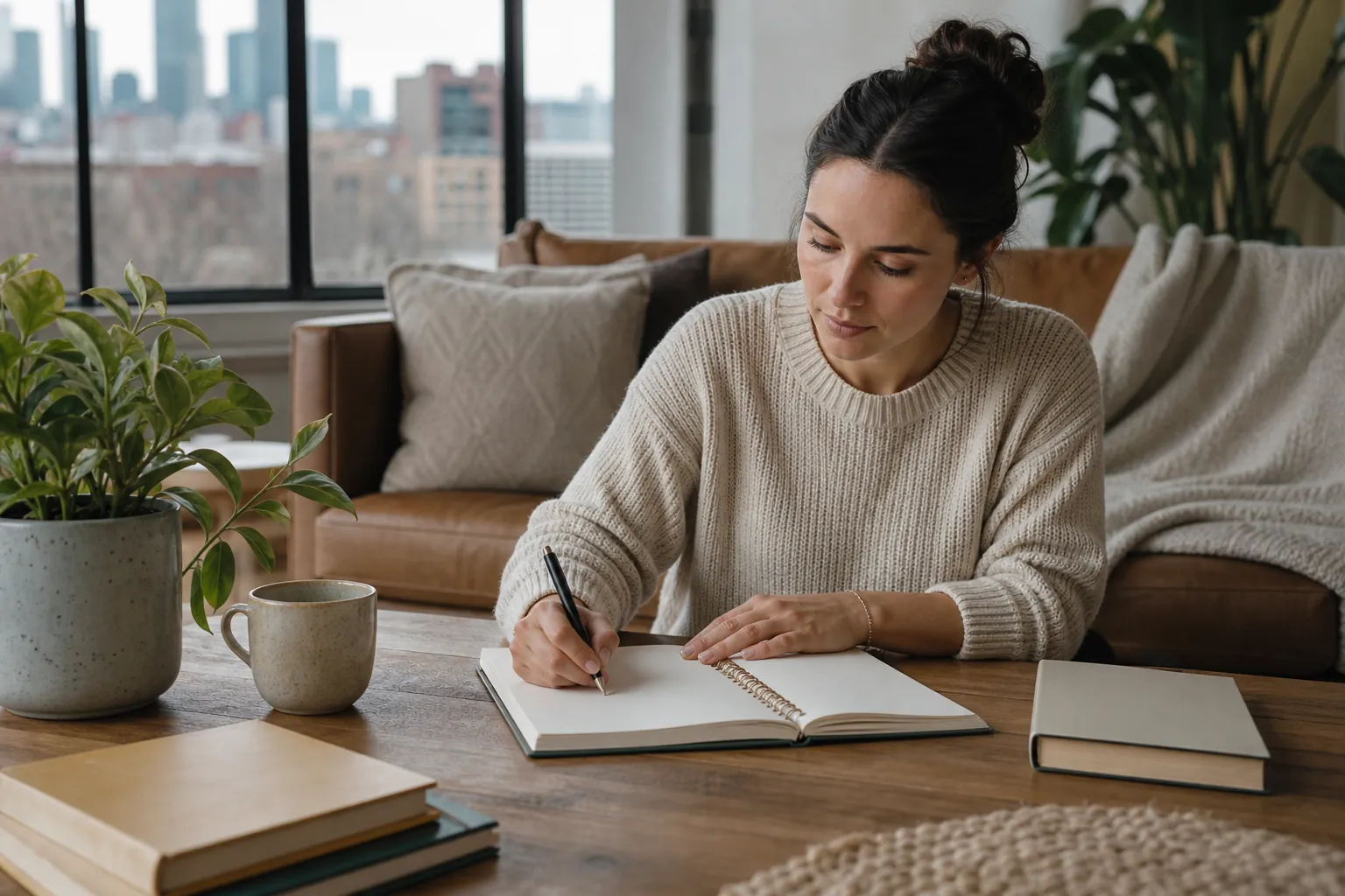Woman Writing in a Notebook at Home A woman in a beige sweater writes in an open spiral notebook at a wooden table with books, a mug, and a potted plant.