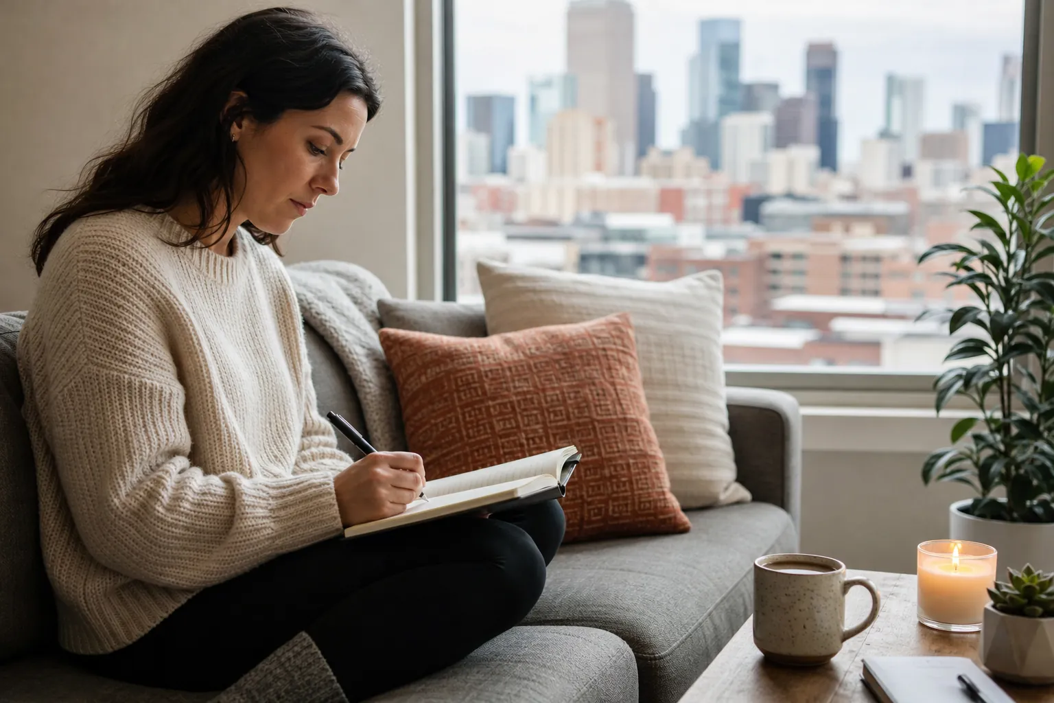 Woman Journaling on a Sofa Beside a City-View Window A woman writes in a notebook on a gray sofa beside a city-view window, with a mug, lit candle, and plants nearby.