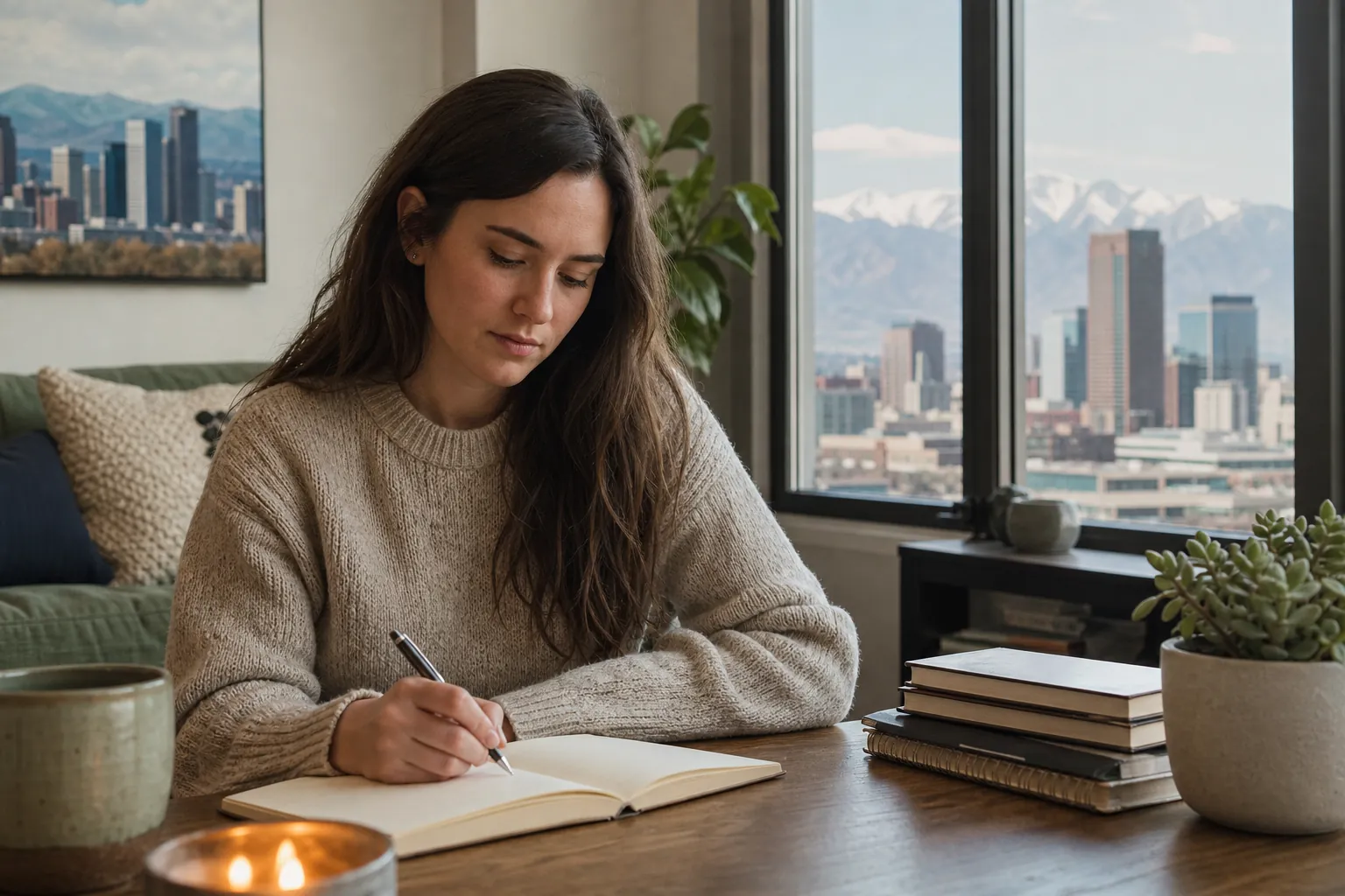 Woman Journaling Beside a Mountain-View Window A woman writes in an open notebook at a wooden table beside a window overlooking a city skyline and snowy mountains.