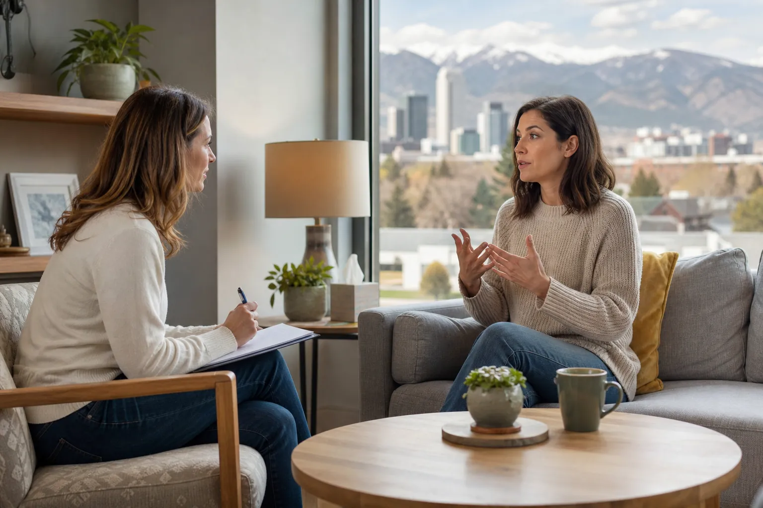 Therapy Conversation in an Office With Mountain Views Two women talk in a therapy office, one gesturing on a sofa while the other holds a pen and clipboard, with mountains outside.