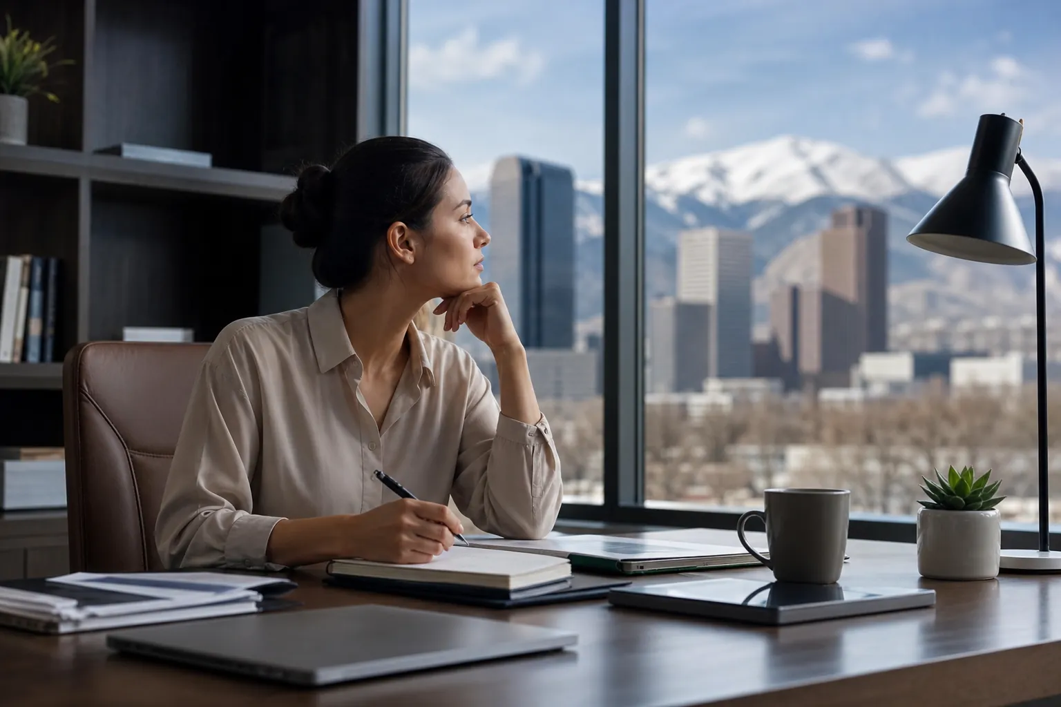 Woman at an Office Desk Overlooking City and Mountains A woman holds a pen over a notebook at an office desk, looking out a window toward city buildings and snowy mountains.