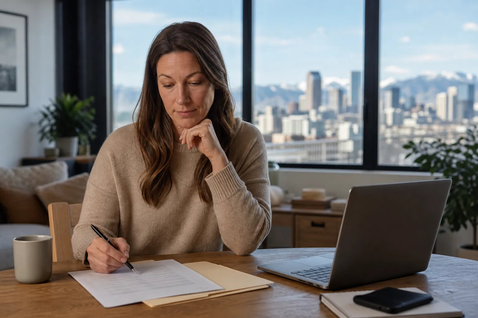 Woman Reviewing Paperwork Beside a Laptop A woman writes on paperwork at a wooden table beside a laptop, with a city skyline and mountains visible through large windows.