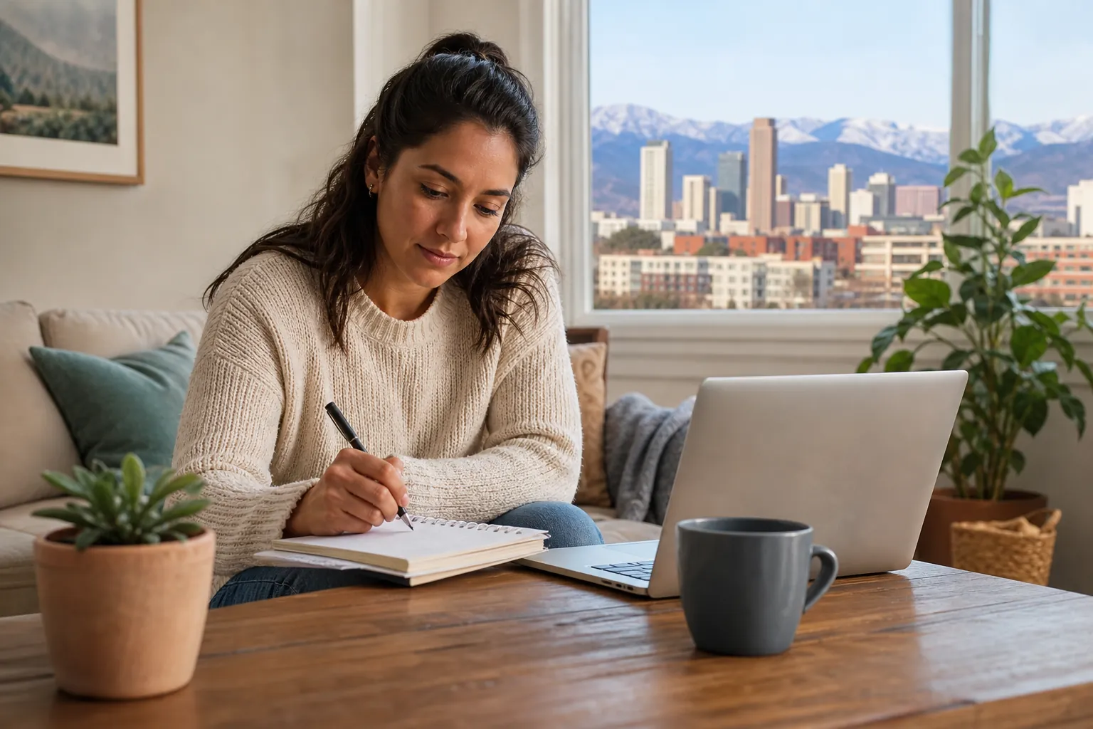Woman Writing Notes Beside a Laptop at Home A woman writes in a notebook beside an open laptop and mug, with a city skyline and snowy mountains visible through the window.