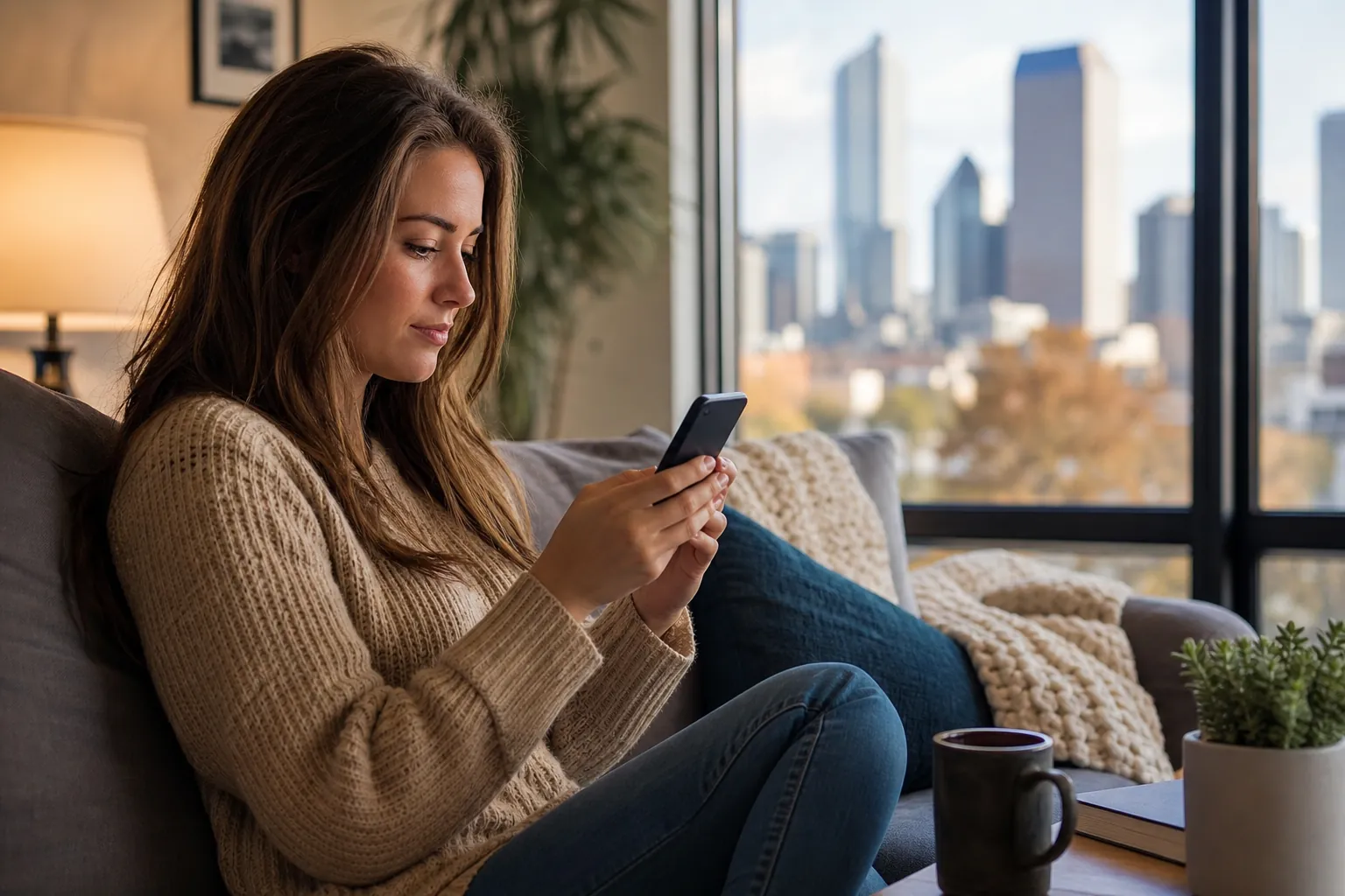Woman Using a Smartphone on a Sofa by a City Window A woman in a beige sweater sits on a gray sofa holding a smartphone beside a large window overlooking a city skyline.