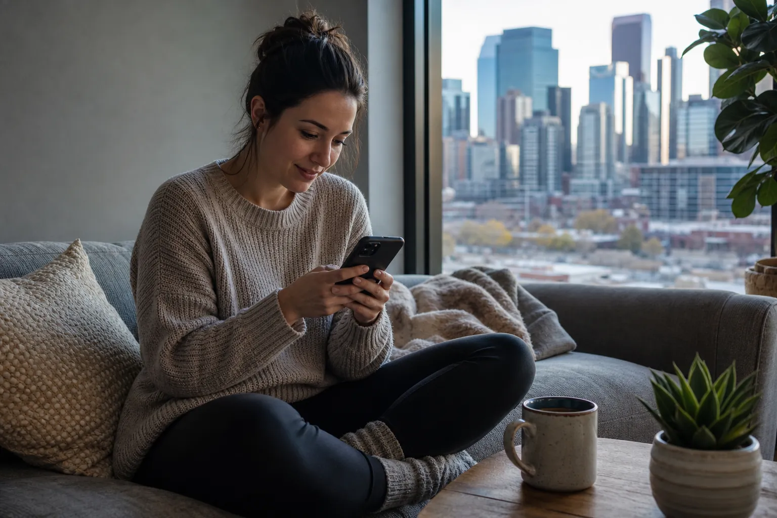 Woman Using a Smartphone on a Sofa A woman sits cross-legged on a sofa using a smartphone, with a city skyline outside and a mug and plant on the table.