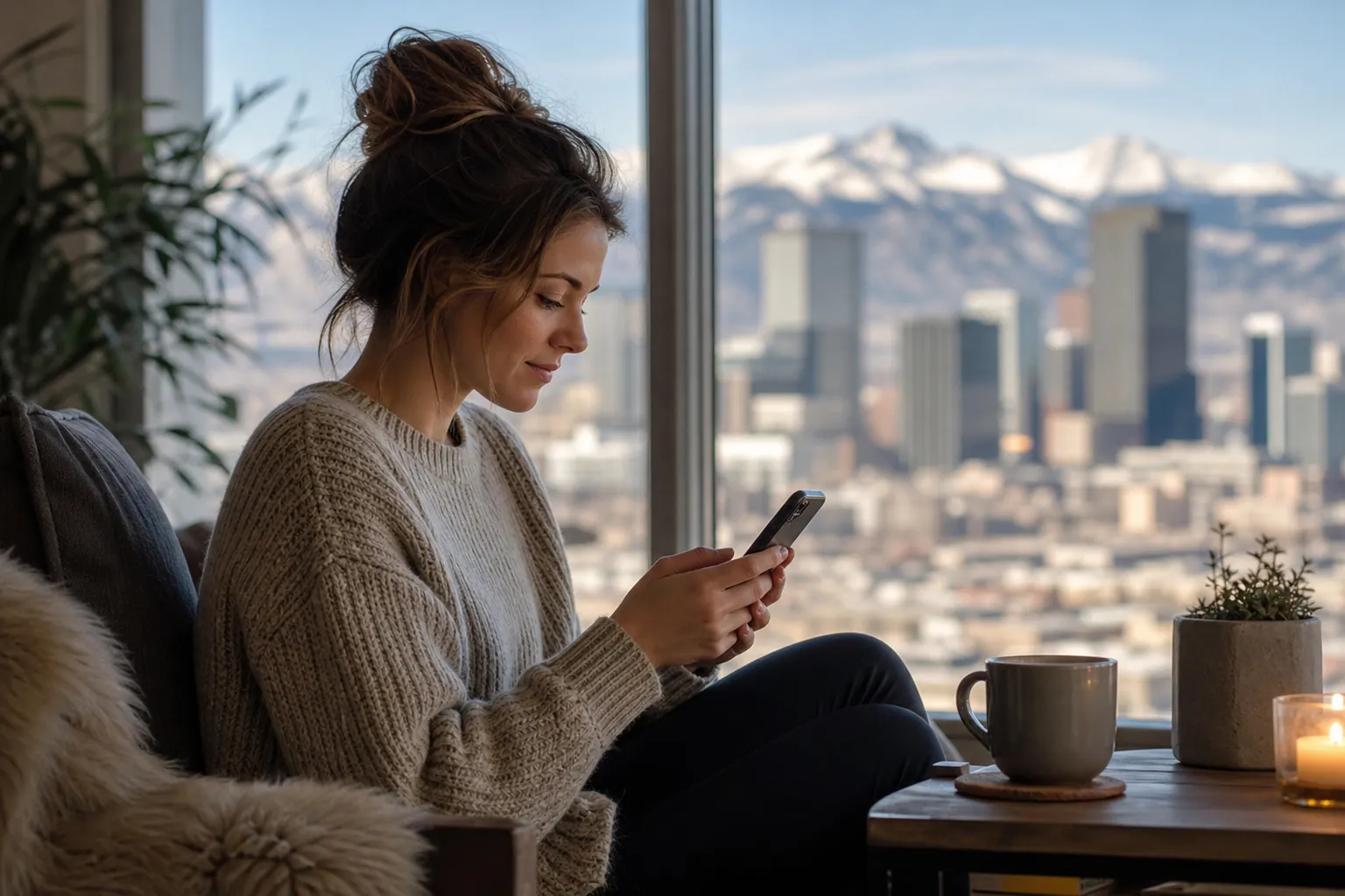 Woman Looking at Her Phone by a Mountain View Window Woman in a knit sweater looks at her phone beside a window overlooking a city and snowy mountains, with a mug nearby.