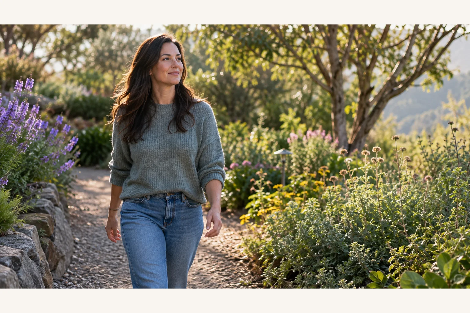 Illustrative scene: Woman Walking Along a Sunlit Garden Path Illustrative scene: A woman in a gray sweater and blue jeans walks along a sunlit garden path bordered by flowers, rocks, and trees.