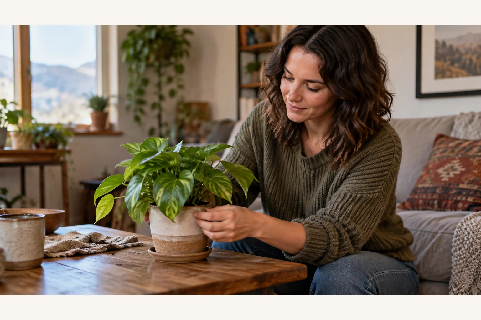 Illustrative scene: Woman Tending a Houseplant in a Sunlit Living Room Illustrative scene: A woman in a green sweater tends a leafy potted plant on a wooden coffee table in a sunlit living room.