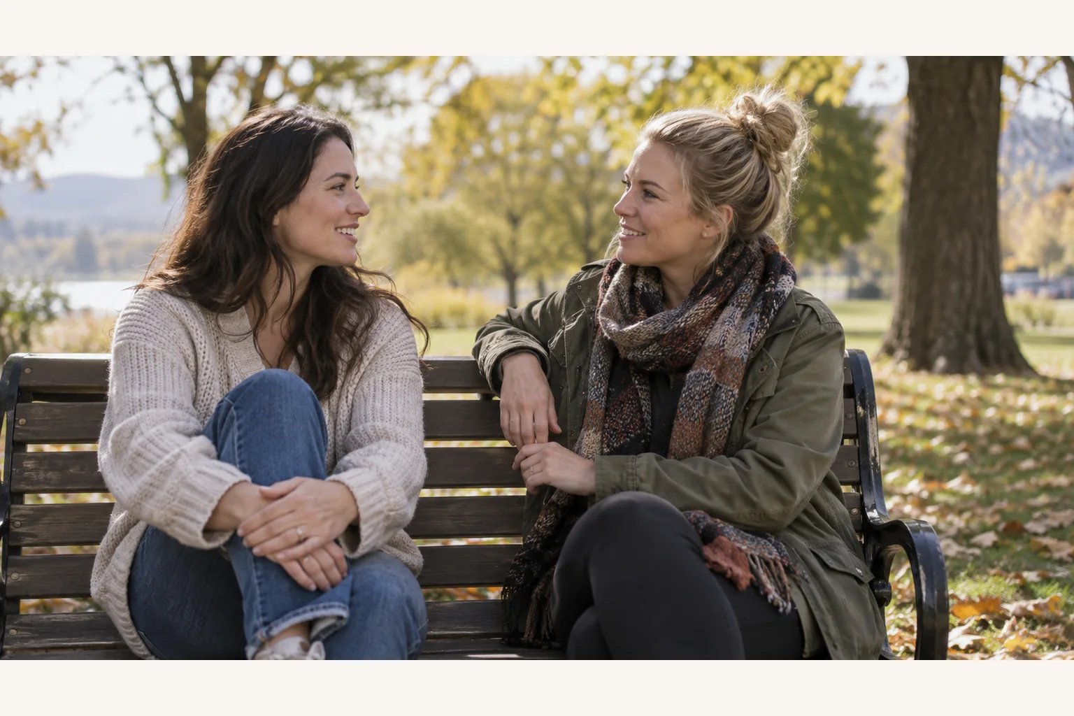 Illustrative scene: Two Women Sharing a Conversation on a Park Bench Illustrative scene: Two women smile at each other while sitting on a wooden park bench beside a lake surrounded by autumn trees.