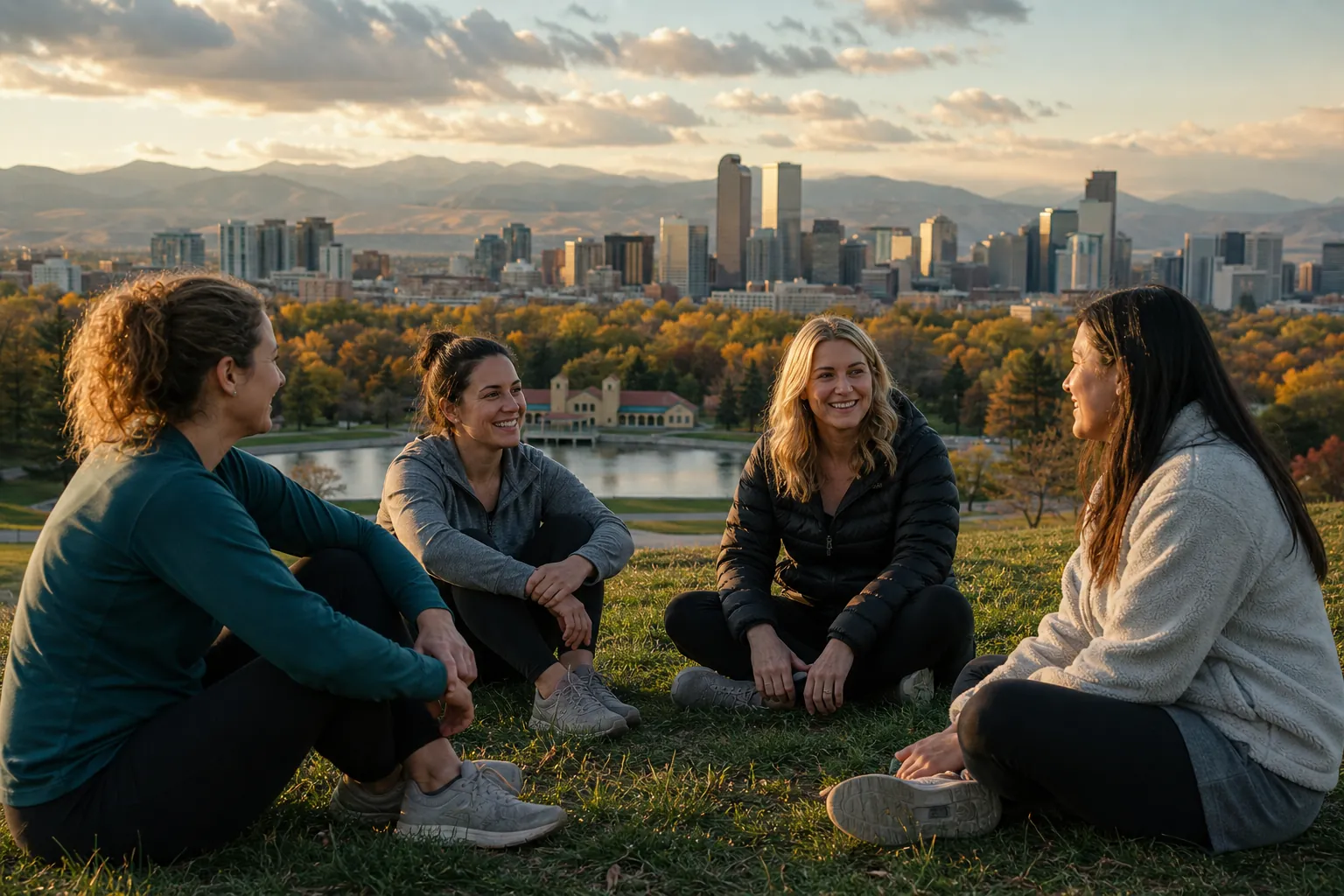 Women Connecting on a Hillside Overlooking the City Four women sit together on a grassy hillside, smiling with a lake, autumn trees, city skyline and mountains behind them.