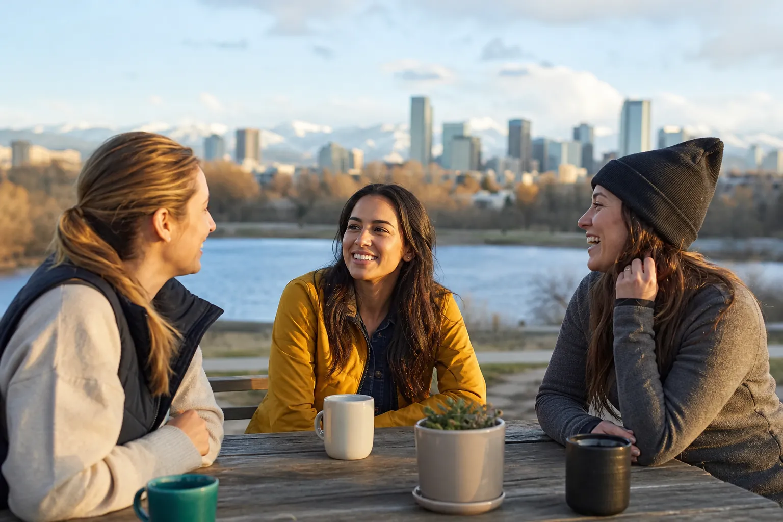 Three Women Connecting Over Drinks by a Lake Three women smile together at an outdoor table with mugs and a potted plant, overlooking a lake, city skyline and mountains.