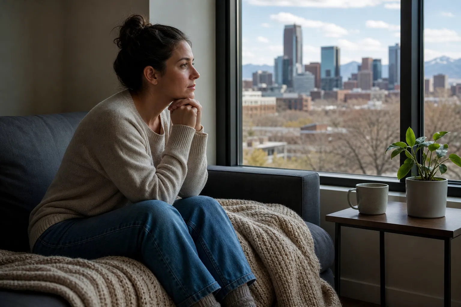 Woman Sitting Alone Beside a City View Window A woman sits alone on a sofa with clasped hands beneath her chin, looking through a window toward a city skyline and mountains.