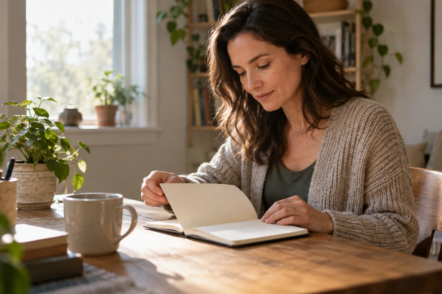 How Women Can Restart Care After A Long Gap In CO - hero Illustrative scene: adult woman opens an unmarked notebook at a familiar home desk after a pause, soft morning light.