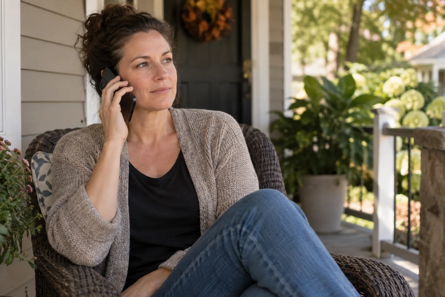 How Women Can Restart Care After A Long Gap In CO - inline-1 Illustrative scene: woman takes a phone call sitting on a front porch, ordinary clothes and calm attentive expression.