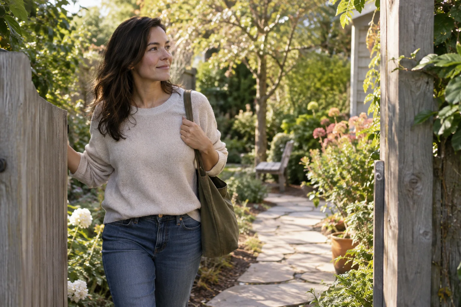 How Women Can Restart Care After A Long Gap In CO - inline-2 Illustrative scene: adult woman steps onto a quiet path through a garden gate, realistic everyday scene of returning to a routine.
