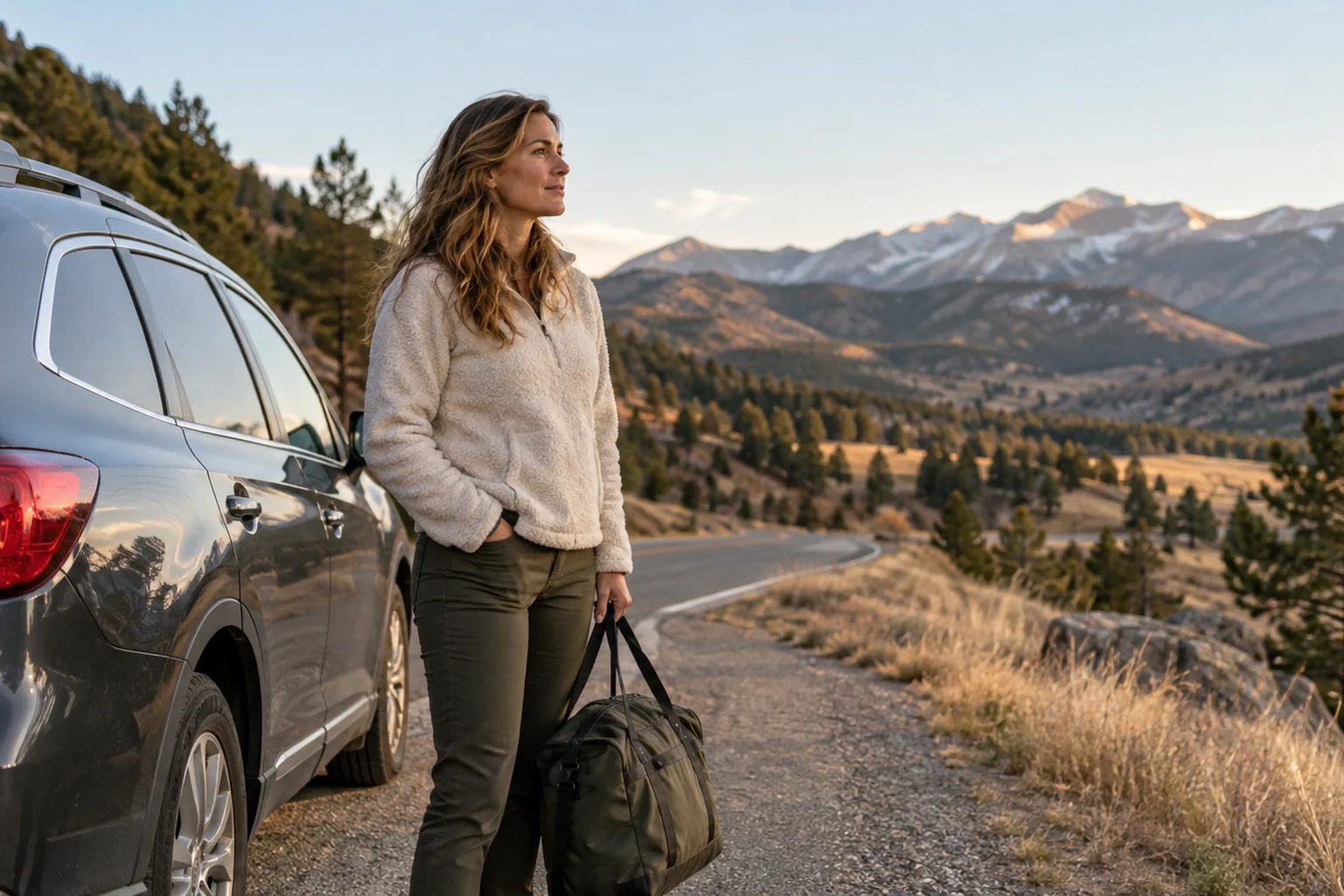 How Women Seek Care Outside Their Home City In CO - hero Illustrative scene: adult woman with a small travel bag stands beside a parked unbranded car on a Colorado foothills roadside, not a facility.