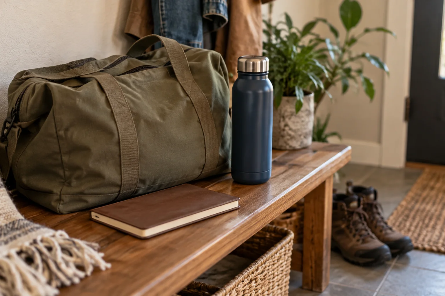 How Women Seek Care Outside Their Home City In CO - inline-1 Illustrative scene: close-up of everyday travel essentials including plain bag, water bottle and closed notebook on a home bench.