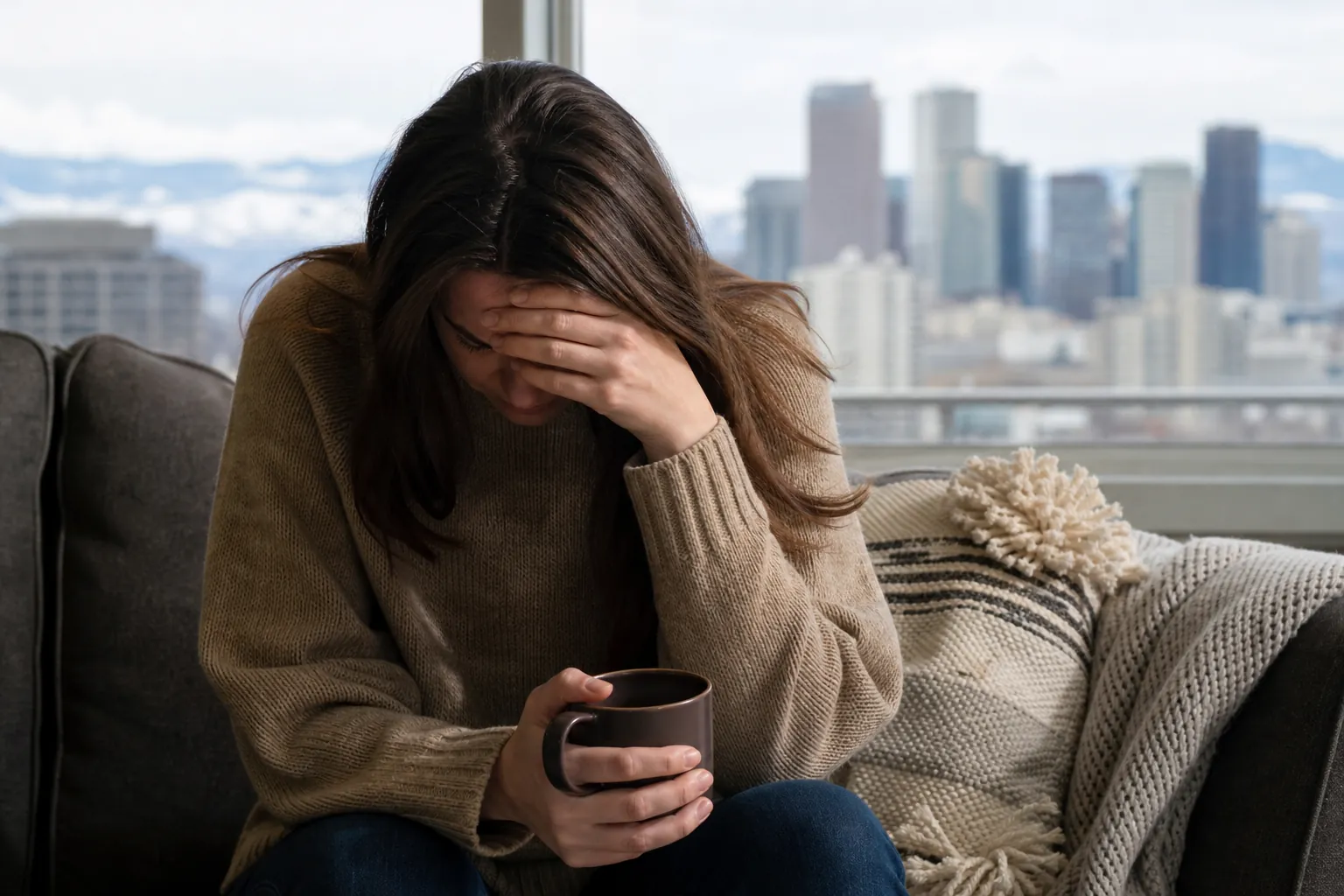 Woman Holding a Mug With Her Head Bowed on a Sofa A woman sits leaning forward on a gray sofa, holding a dark mug and covering her forehead, with a city skyline behind her.