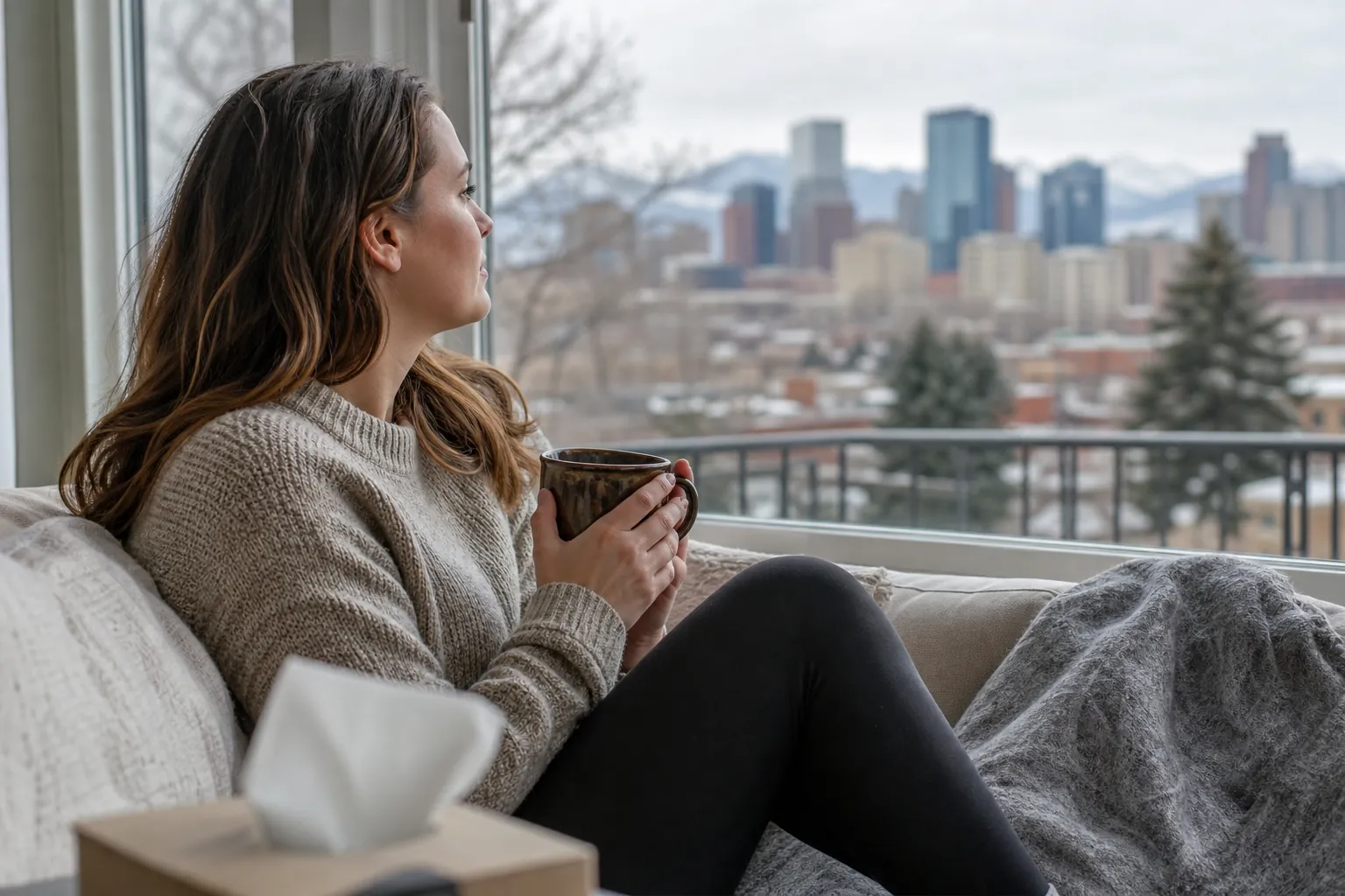 Woman Holding a Mug and Gazing Out a Window A woman holds a mug on a sofa beside a tissue box, gazing through a large window at a city skyline and distant mountains.