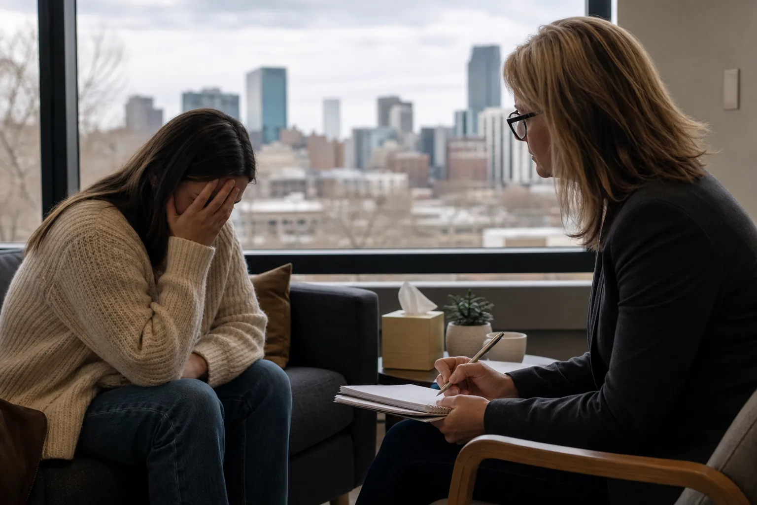 Distressed Woman Speaking With a Counselor A distressed woman covers her face while a counselor holds a pen and notebook, with tissues nearby and a city skyline outside.