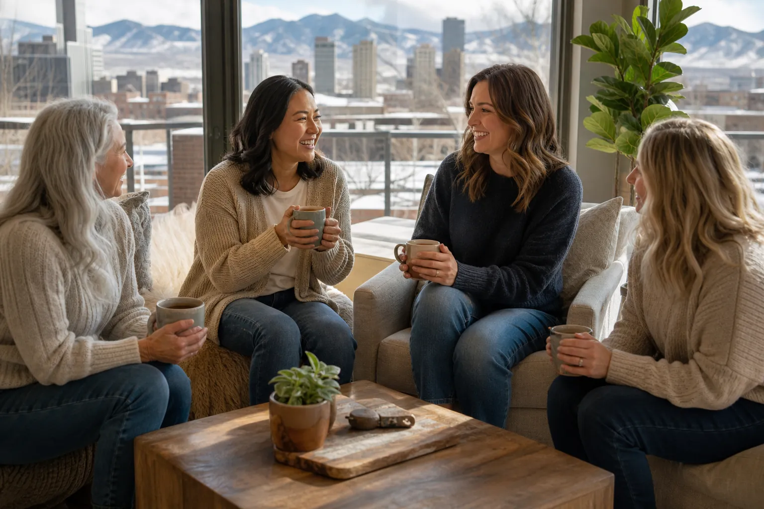 Four Women Connecting Over Coffee With Mountain Views Four women sit together holding mugs in a bright living room, with a city skyline and snowy mountains beyond the windows.