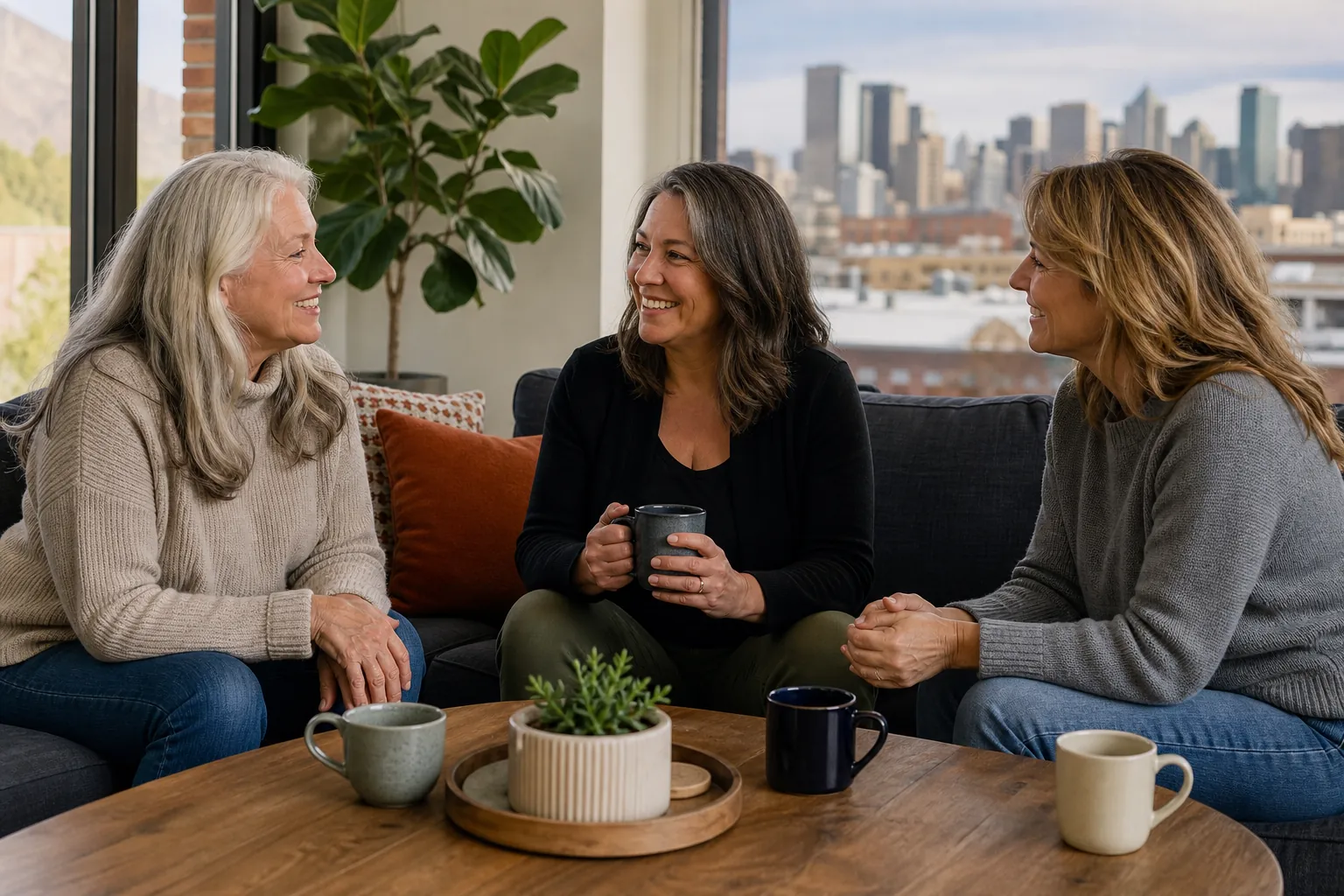 Three Women Connecting Over Coffee on a Sofa Three women smile and chat on a sofa beside a coffee table with mugs and a plant, with a city skyline behind them.