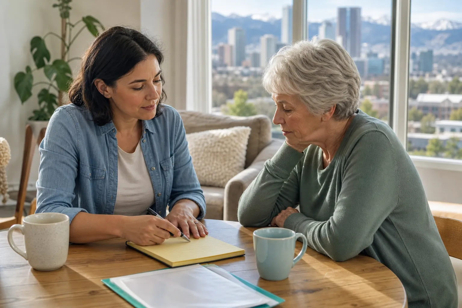 Two Women Reviewing Notes Together at a Table A younger woman writes on a yellow notepad beside an older woman at a wooden table with mugs and papers.