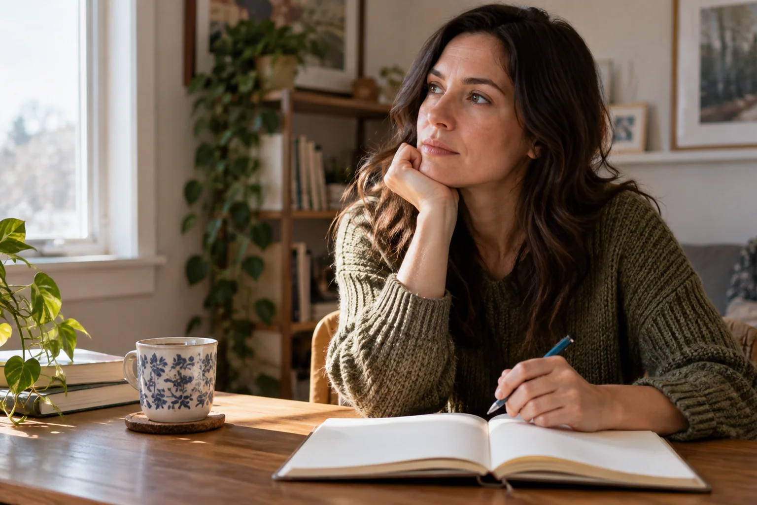 How Women Can Track Treatment Changes In CO - hero Illustrative scene: adult woman reflecting over an open blank notebook at a bright home desk.