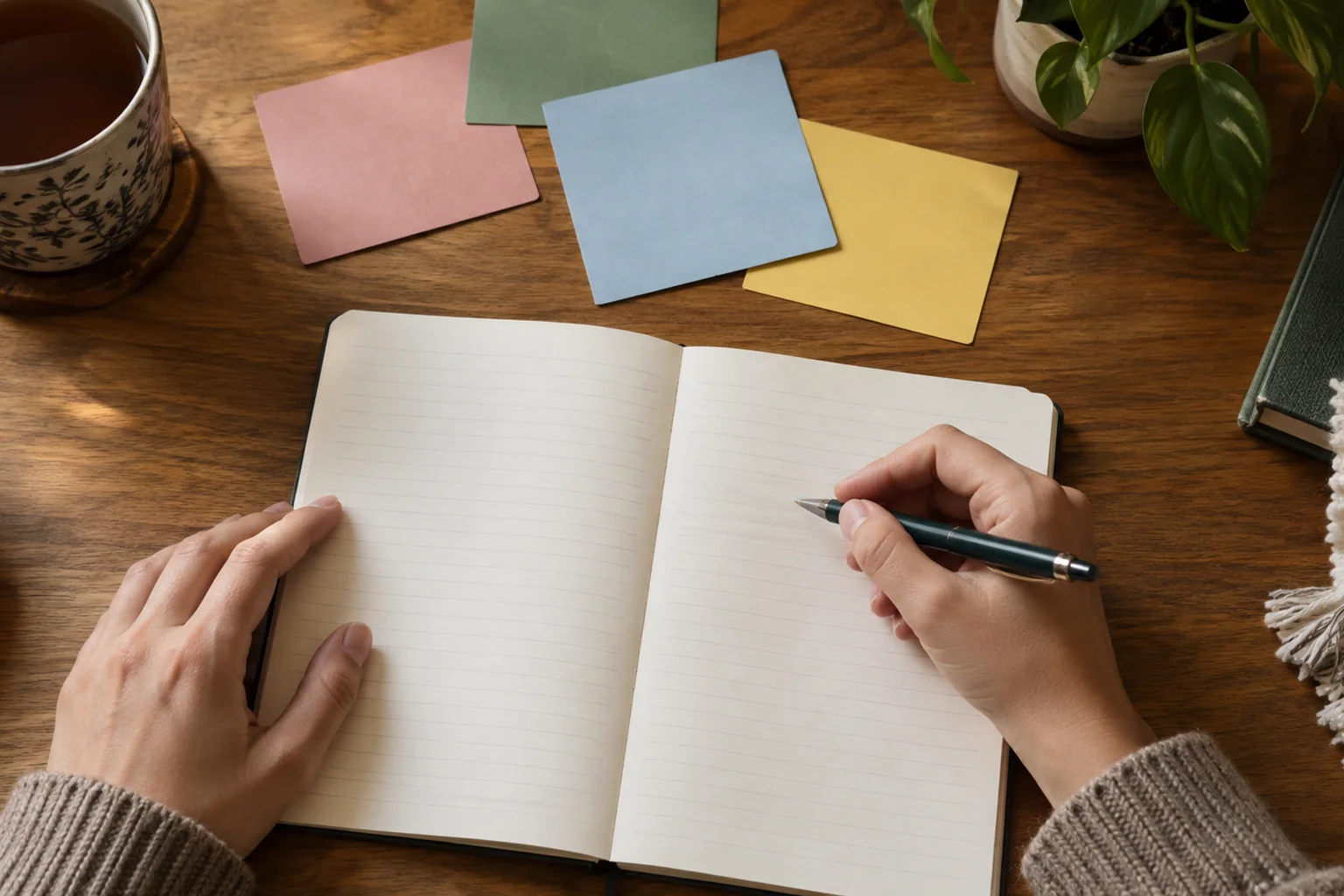 How Women Can Track Treatment Changes In CO - inline-1 Illustrative scene: overhead close-up of plain notebook pages, several blank colored cards and a pen on a warm desk.