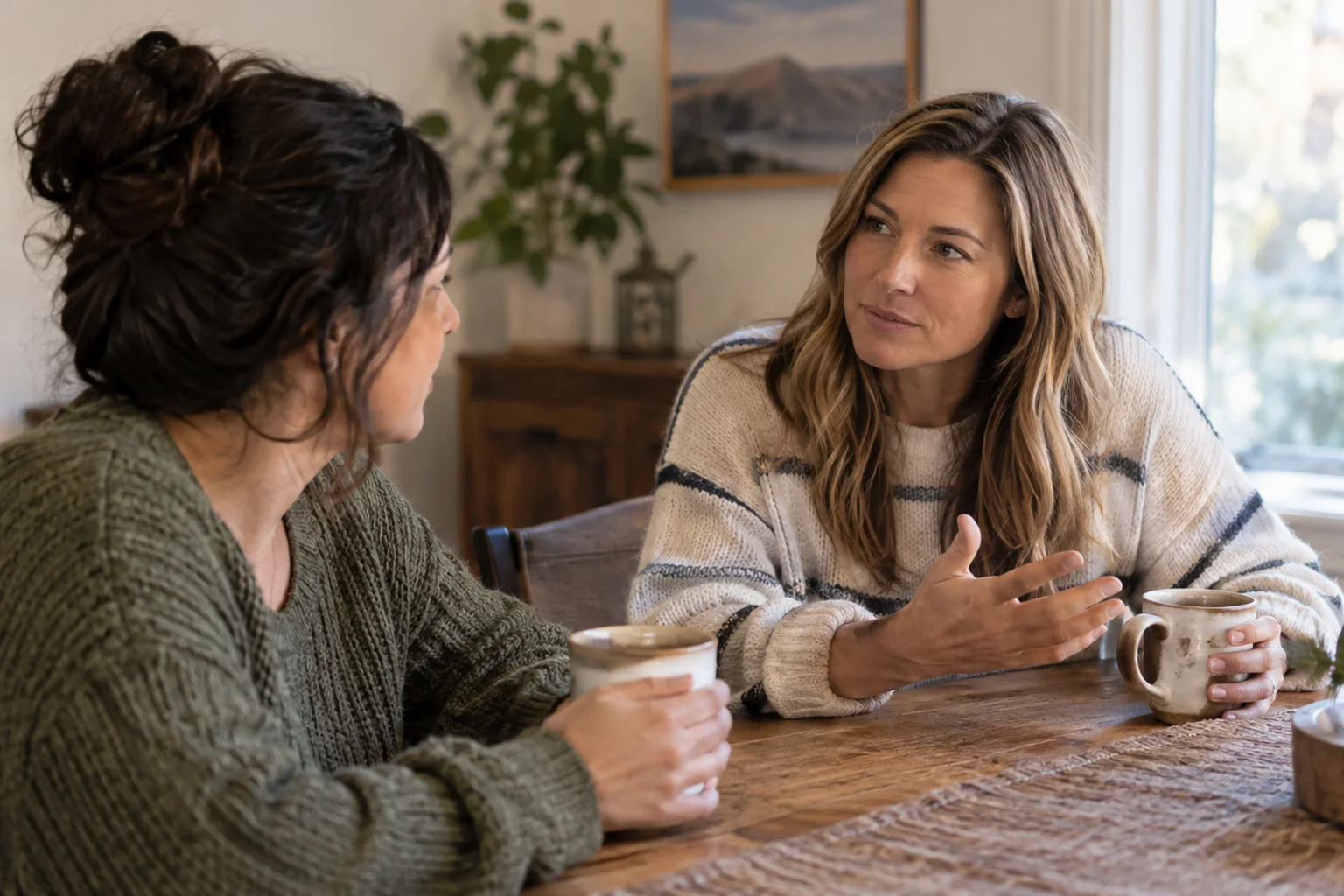 How Women Can Track Treatment Changes In CO - inline-2 Illustrative scene: adult woman speaking thoughtfully with another woman across a home table, no charts or clinical setting.