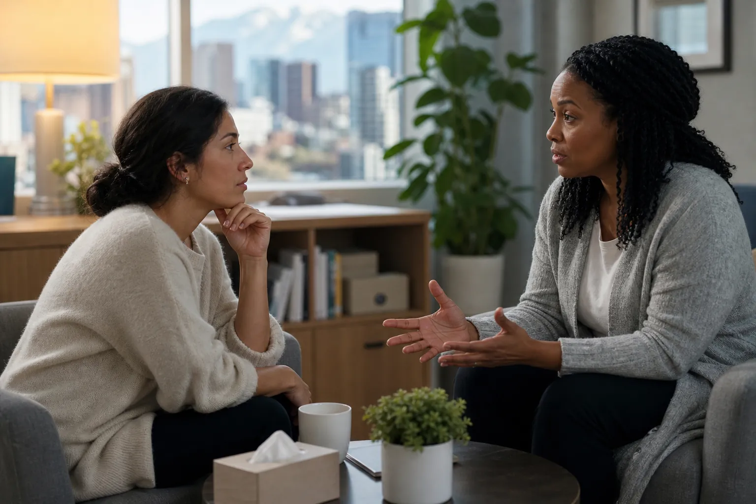 Two Women in a Supportive Office Conversation Two women sit facing each other in an office, one gesturing while the other listens with her hand beneath her chin.