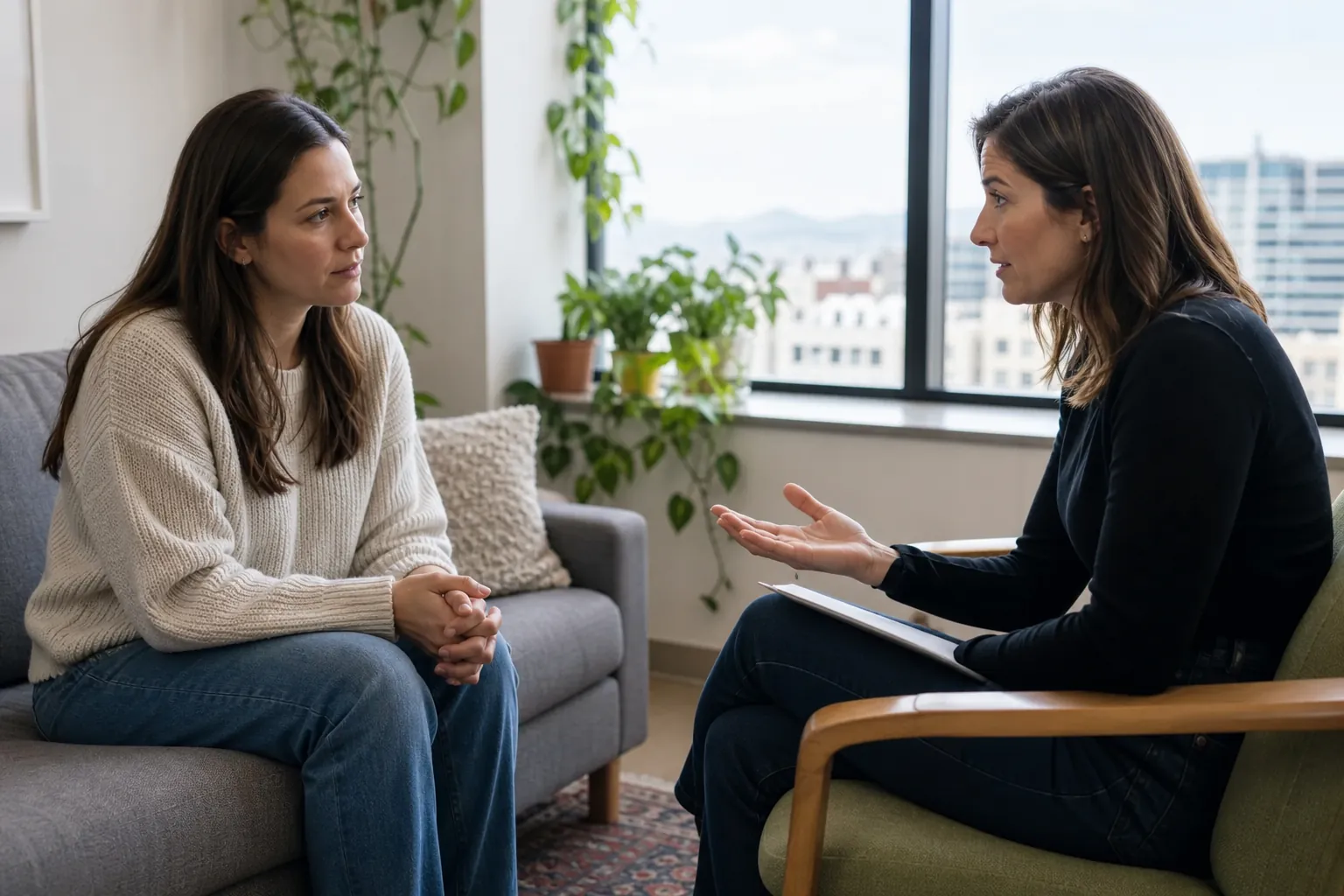Two Women Talking During an Office Consultation Two women sit facing each other in a bright office, one gesturing with an open hand and holding a clipboard on her lap.