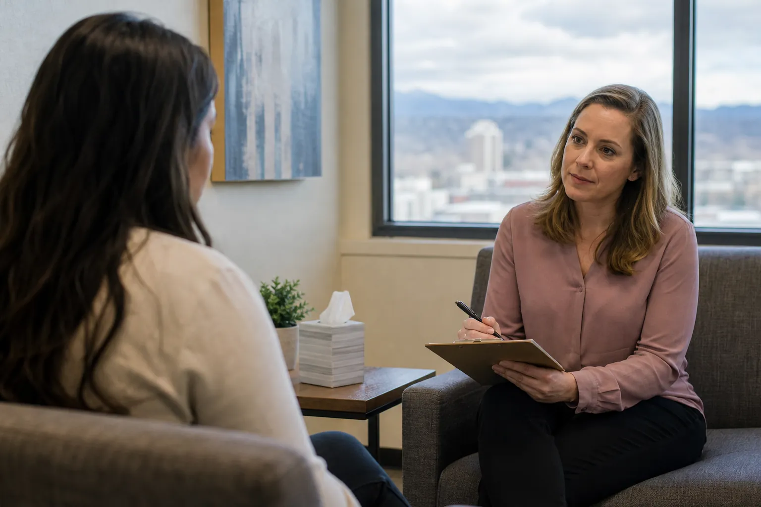 Woman With Clipboard Listening During a Consultation A woman holding a pen and clipboard listens to another woman seated across from her in an office with large windows.