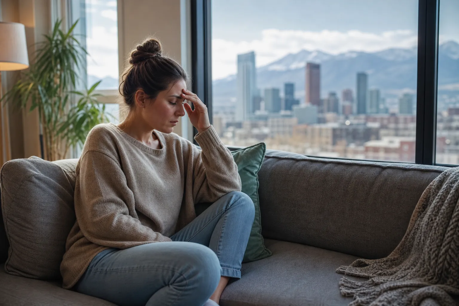 Woman Touching Her Forehead While; Stress Symptoms And Mental Health In Denver, CO, Denver, CO