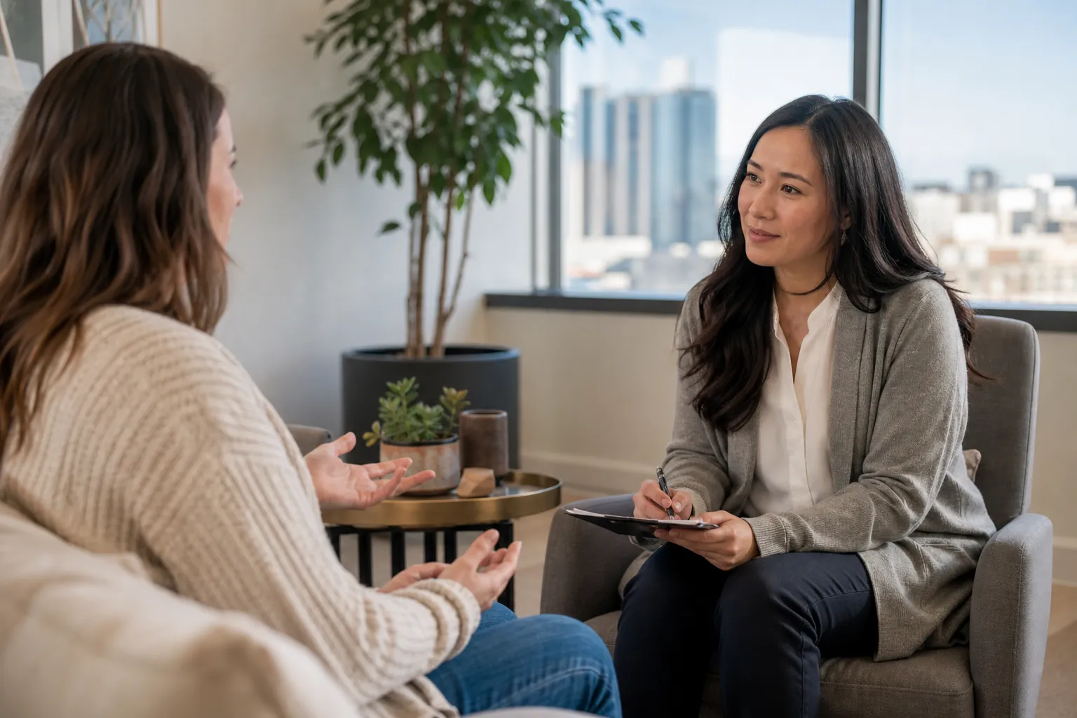 Two Women Talking in a Counseling Office; Stress Symptoms And Mental Health In Denver, CO, Denver, CO
