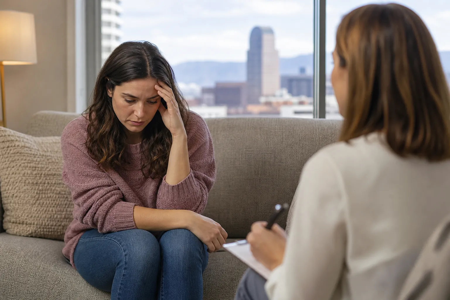 Woman Holding Her Forehead During a; Stress Symptoms And Mental Health In Denver, CO, Denver, CO