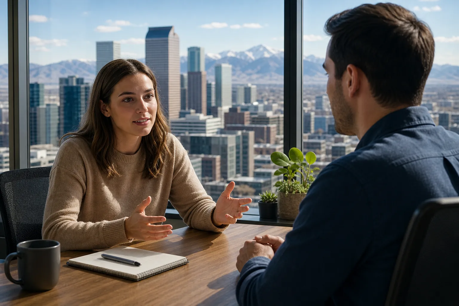 Office Conversation Overlooking a City and Mountains A woman gestures while talking with a man at an office table overlooking a city skyline and snowcapped mountains.