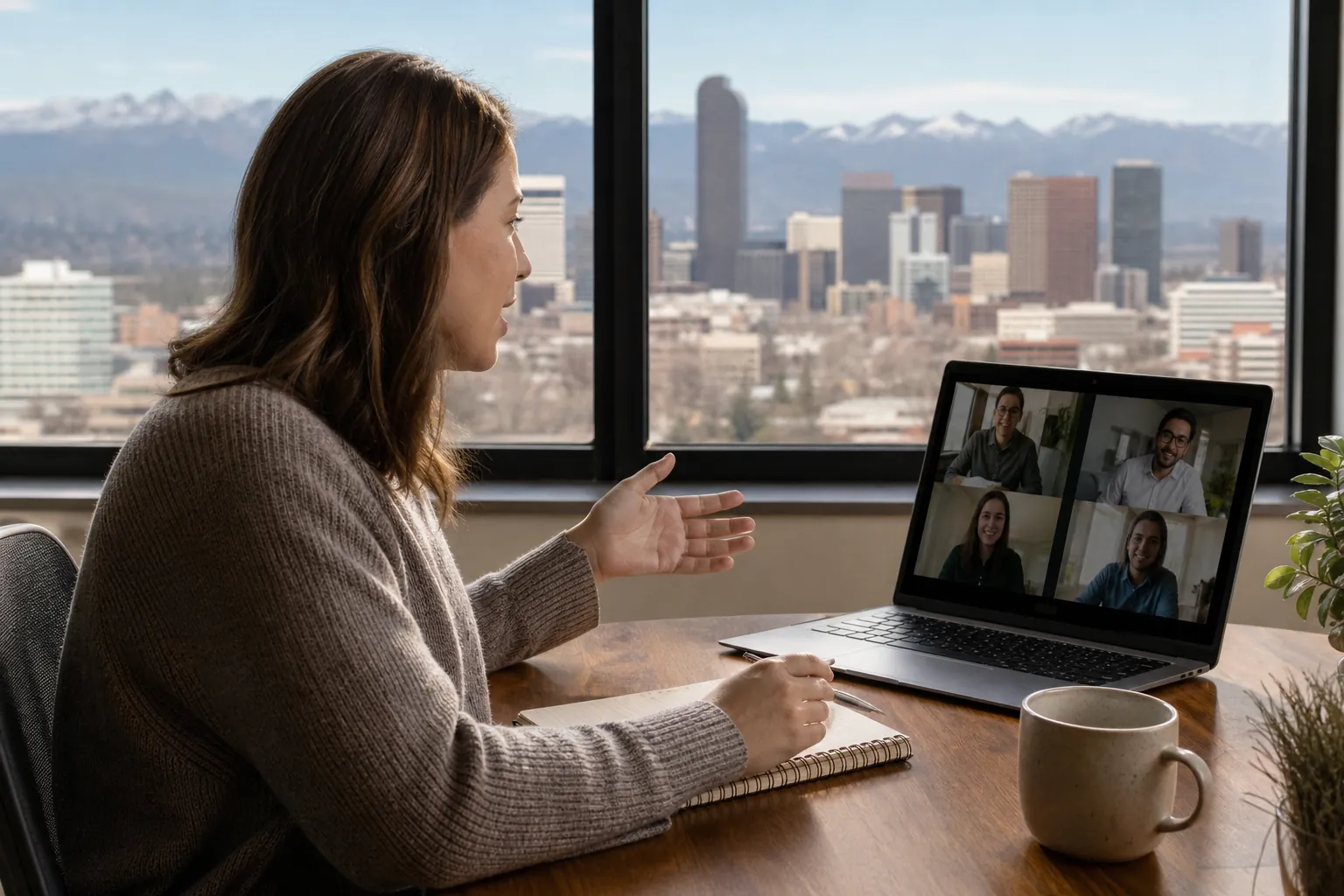 Discussing Hybrid Sessions on a Laptop Video Call A woman gestures during a laptop video call with four people, with a notebook, mug, city skyline and mountains visible.